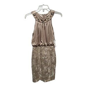 Jessica Howard Evenings Beige Mesh Overlay Satin Sleeveless Dress Size 4